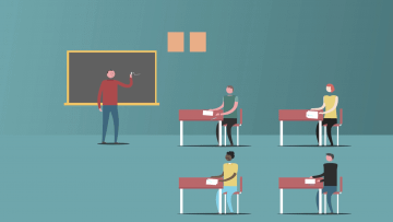 Teacher giving a class shown in motion graphic video