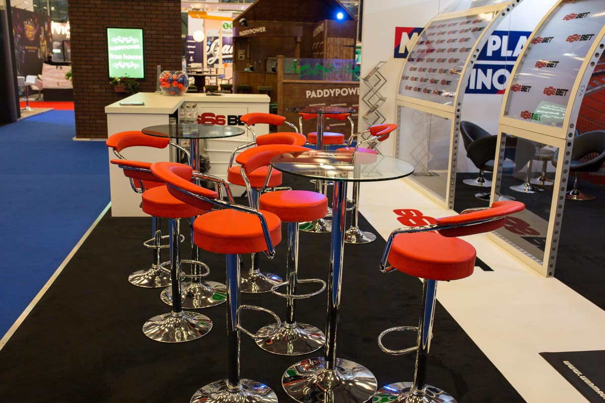 Cristal tables and red chairs, 666 BET, iGaming 2014, Event Photographers